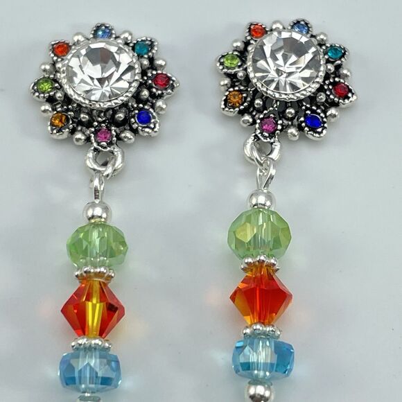 Sterling Silver Plated Multi Color Beaded Flower Rhinestone Dangle Earrings Boho - Picture 5 of 8